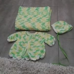 3 pc hand knitted jacket hat and blanket